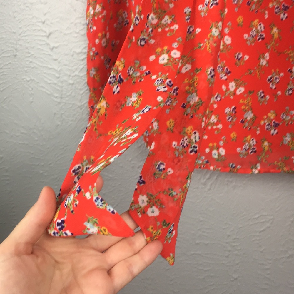 Pleione Red Floral Tie Front Flutter Blouse Shirt - Picture 3 of 12